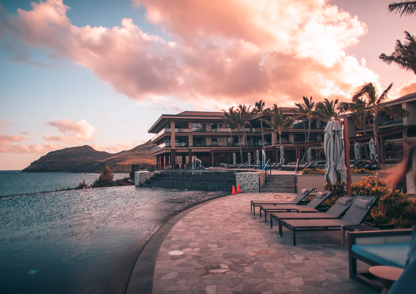 Coastal resort hotel with pool terrace, one of the property types assessed